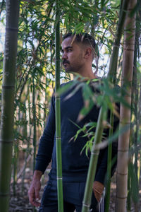 Moroccan man standing in the middle of a bamboo forest in morocco