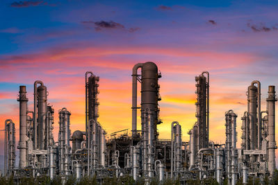 Panoramic view of factory against sky during sunset