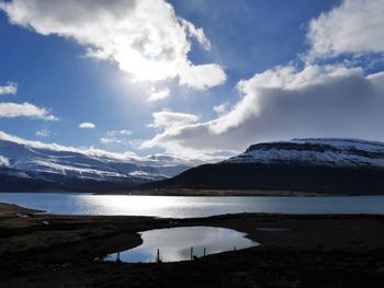 Scenic view of lake by mountains against sky