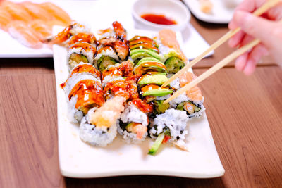 High angle view of sushi in plate on table