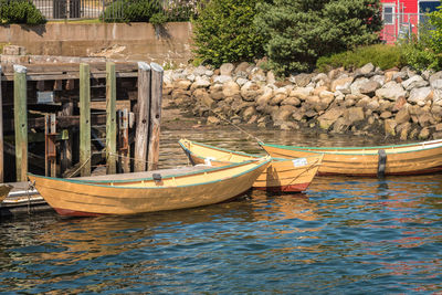 Boats moored on river by trees