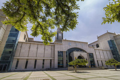 Low angle view of trees and buildings against sky