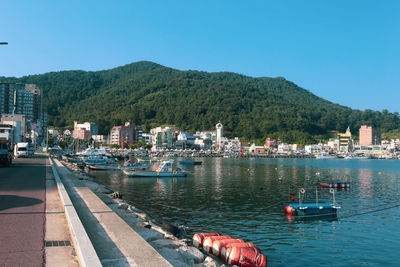 Sailboats moored on river by city against clear sky