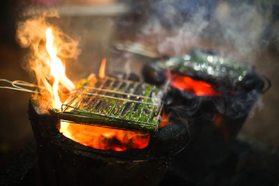 Close-up of food on barbecue grill