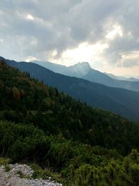 Scenic view of mountains against cloudy sky