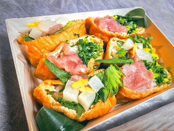 High angle view of food in plate on table