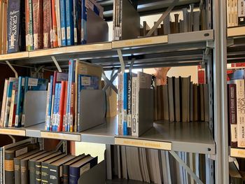 View of books in library