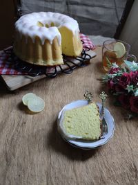 High angle view of cake served on table