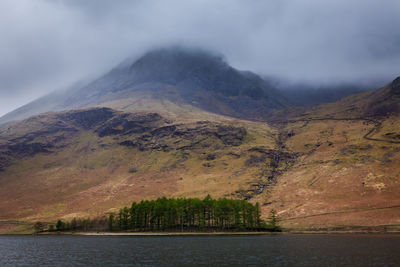 Scenic view of lake and mountains against sky