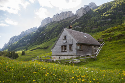 Scenic view of grassy field by mountain against sky