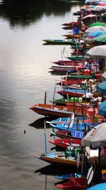 High angle view of boats moored in lake