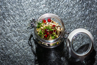 High angle view of food in jar on table