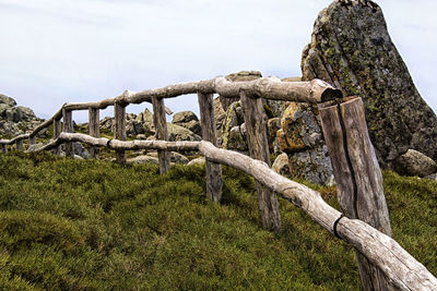 Wooden fence on grass against sky