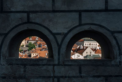 Buildings seen through window