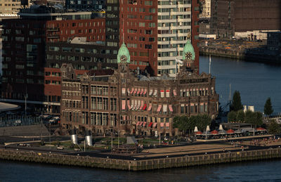 Buildings and river in city