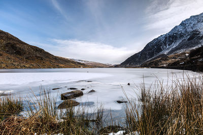 Scenic view of lake by snowcapped mountains against sky