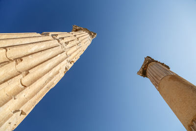 Low angle view of historical building against clear blue sky