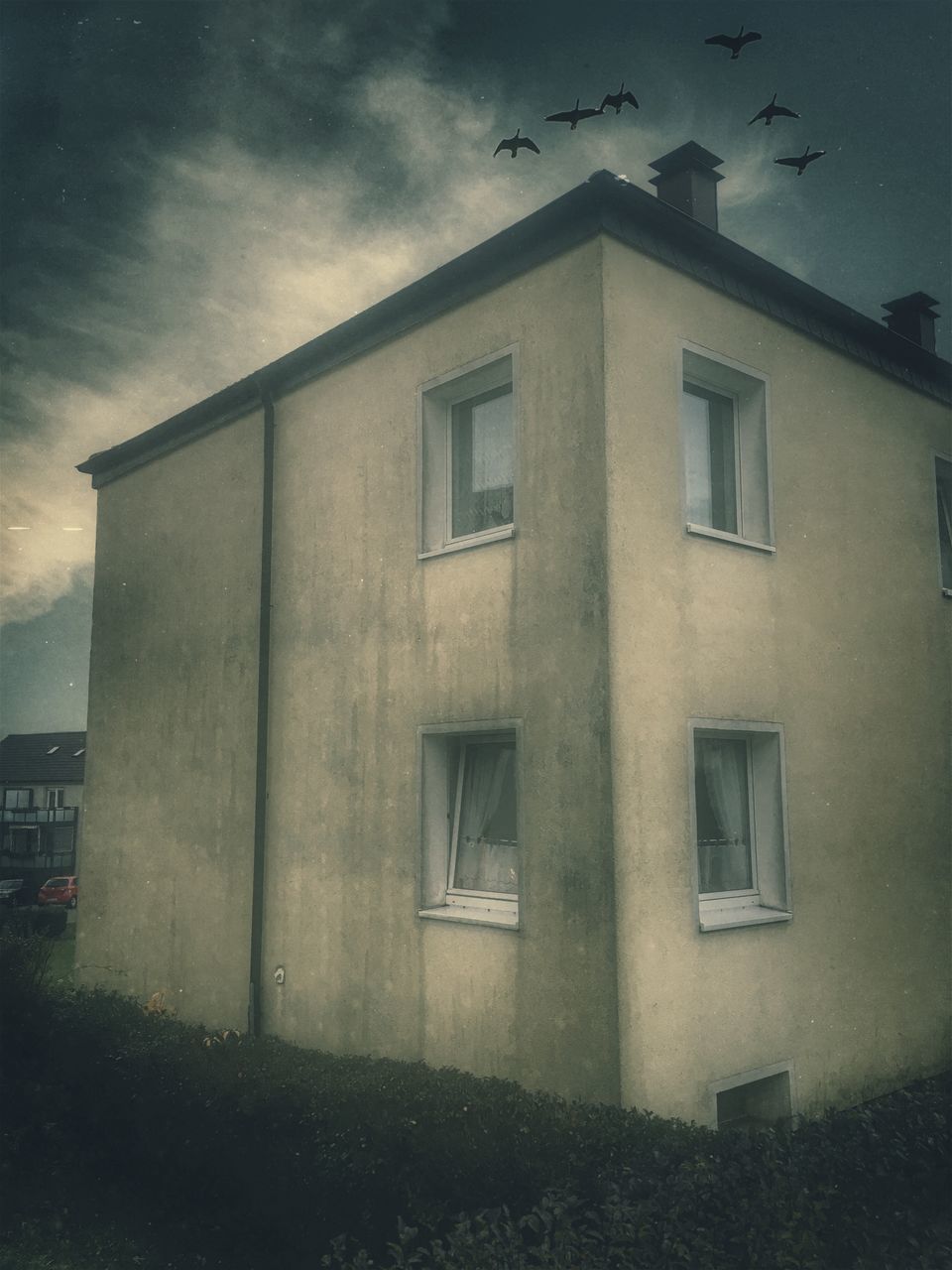 architecture, built structure, building exterior, window, cloud - sky, building, sky, nature, no people, residential district, outdoors, dusk, day, vertebrate, city, bird, animal themes, animal, house