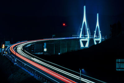 High angle view of light trails on road at night. night trail light photography.