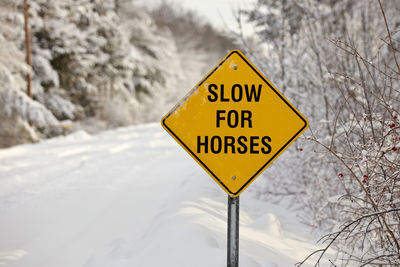 A yellow warning sign reading slow for horses on a rural road in the winter. high quality photo