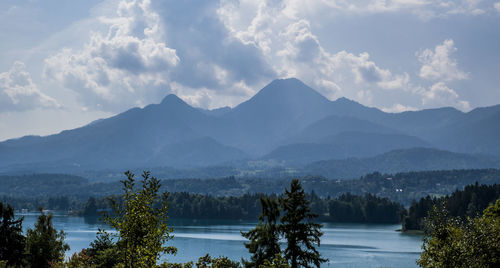 Scenic view of lake and mountains against sky