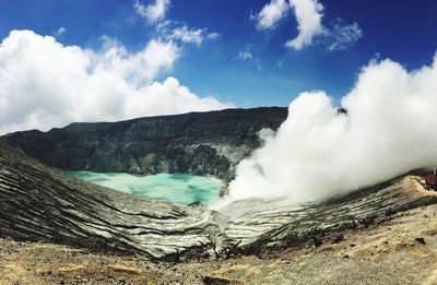 Smoke emitting from volcanic mountain against sky