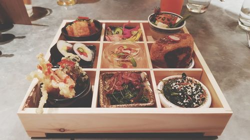 High angle view of food served on table