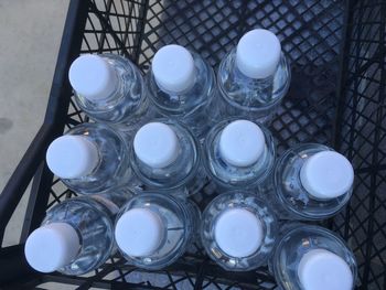 High angle view of empty bottles on table