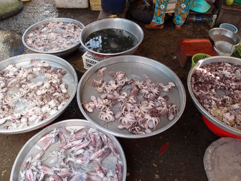 High angle view of seafood for sale in fish market