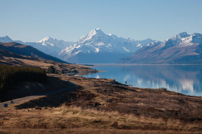 Scenic view of lake and mountains against sky