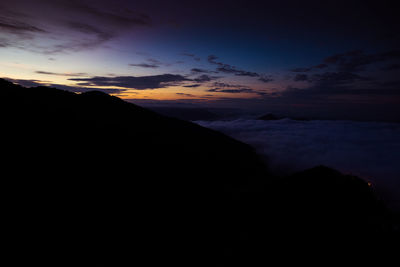 Scenic view of silhouette mountain against sky at sunset