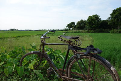 Bicycle on agricultural field against sky