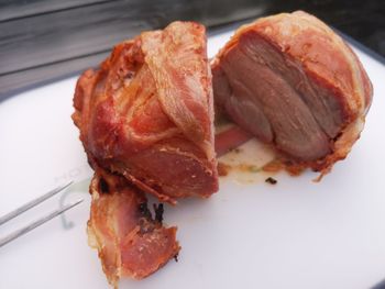 High angle view of meat in plate on table