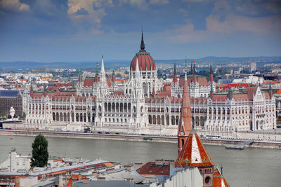 Buildings in city against cloudy sky