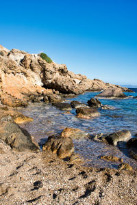 Rock formations in sea against clear blue sky