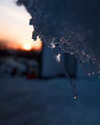 Close-up of frozen water against sky during sunset
