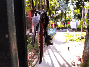 Close-up of rope hanging on metal footpath