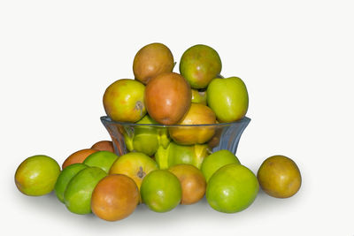 Close-up of apples in bowl against white background