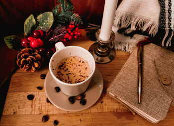 High angle view of coffee on table