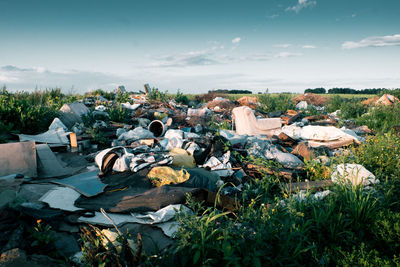 Houses on field against sky