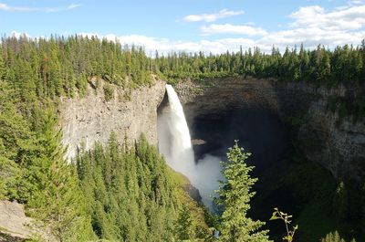 Scenic view of waterfall in forest against sky