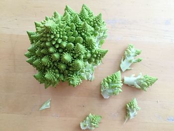 High angle view of romanesco broccoli on table