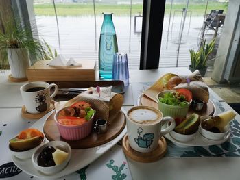 High angle view of breakfast on table