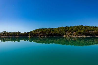 Scenic view of lake against clear blue sky