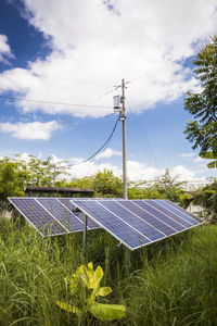 Solar panels feed energy to the power grid.