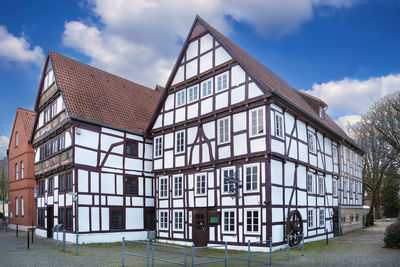 Street with half-timbered houses in paderborn city center, germany