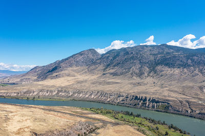 Horizontal view surface of river among the mountains. aerial photo from a drone. blue sky