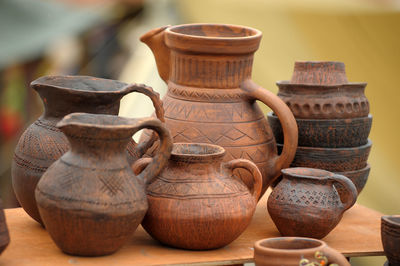 Close-up of pottery on table