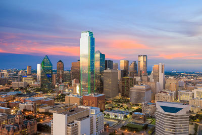 High angle view of city at sunset