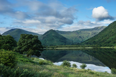 Scenic view of lake against cloudy sky